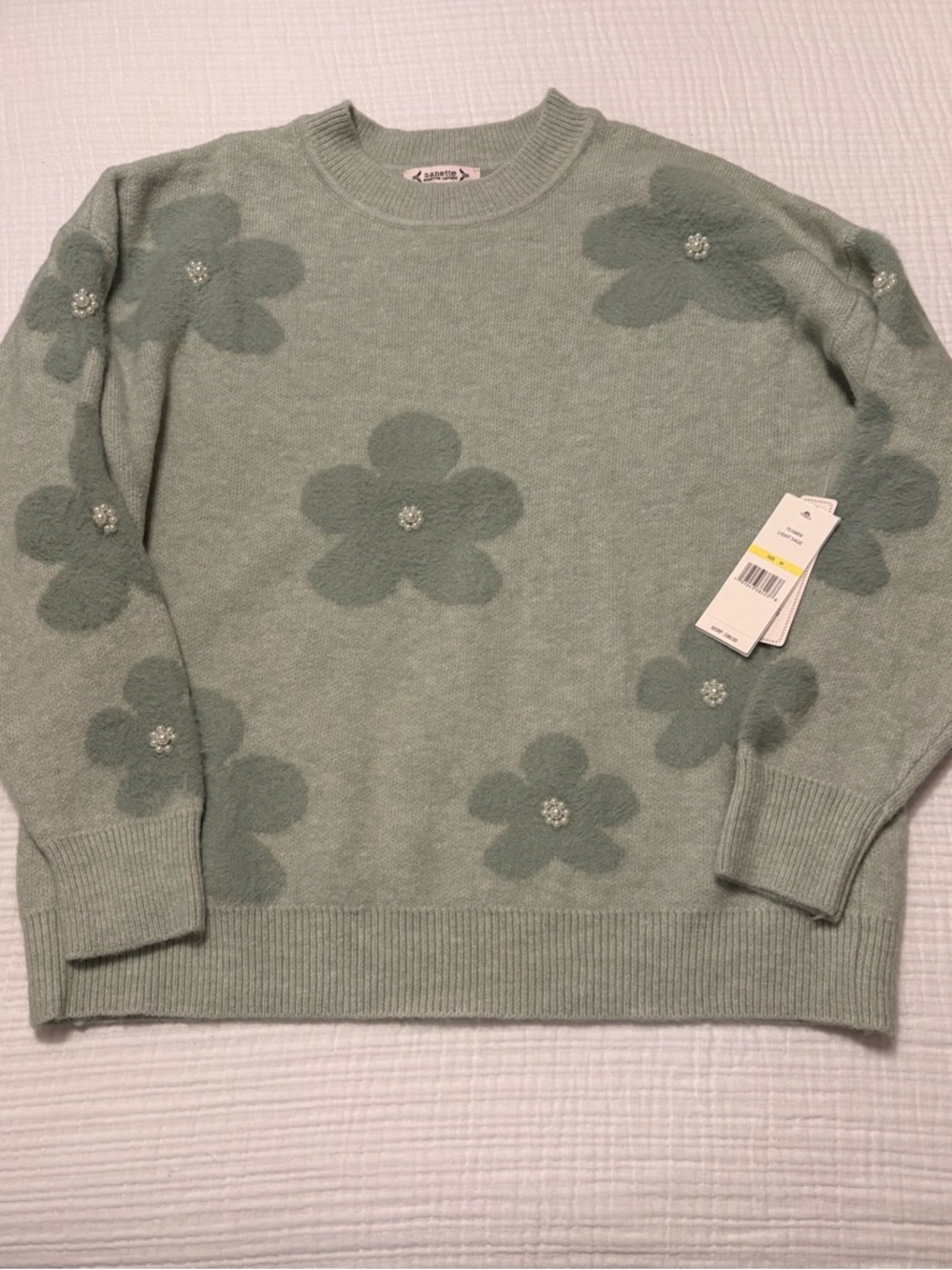 Nanette Lepore Sage Green Sweater with pearl embellishments